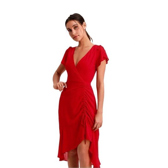 NWT Lulu’s Outstanding Red Ruched High-Low Midi Dress size S - Picture 2 of 12
